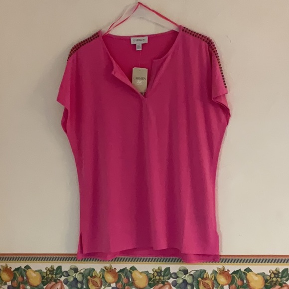 CARMEN Carmen Marc Valvo V Neck Studded Shoulder Blouse, Size M, Pink, NWT - Picture 1 of 9